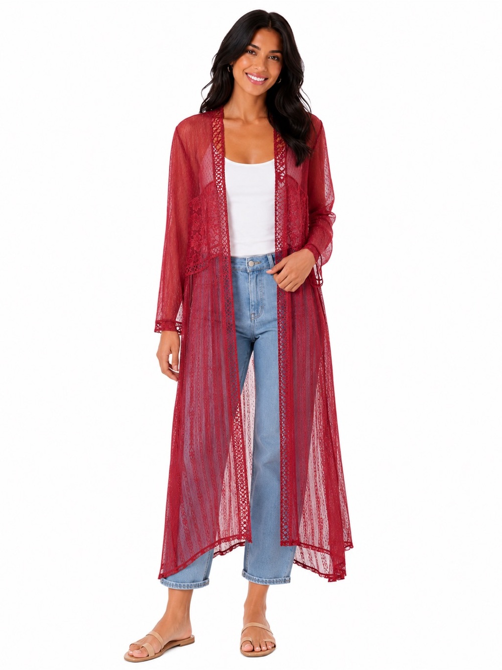 Time and Tru Red Sheer Lace Longline Duster